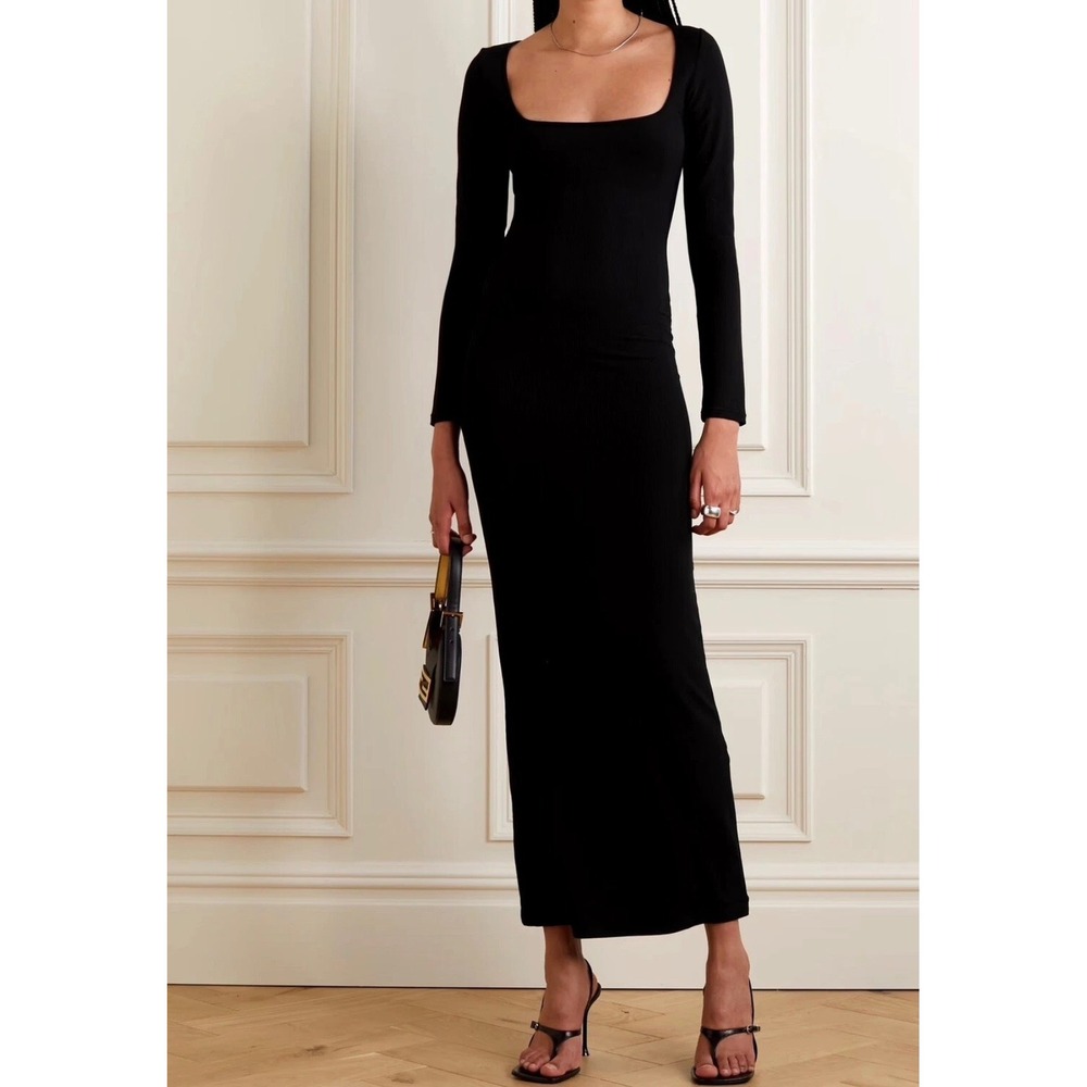 SKIMS Soft Lounge Long Sleeve Dress Black Onyx Size Large Ribbed Maxi Gown L